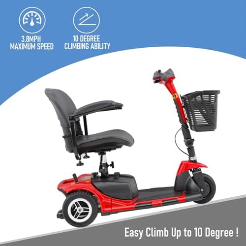 monicare 3-Wheel Folding Mobility Scooter for Adults 12-Mile Long Range Foldable Heavy-Duty Mobility Scooter for Seniors with Basket (Red) 10