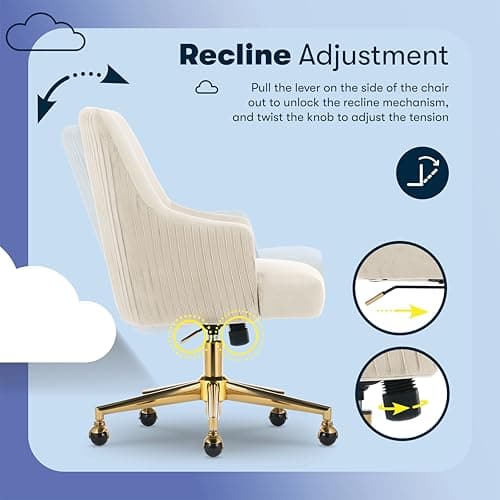 Serta Scarlett Modern Office Chair, Pleated and Curved Mid-Back Desk Chair, Pocket Coil Seat Cushion, Padded Armrests, Vanity Armchair with Wheels, Swivel Gold Base, Beige Velvet Fabric 7