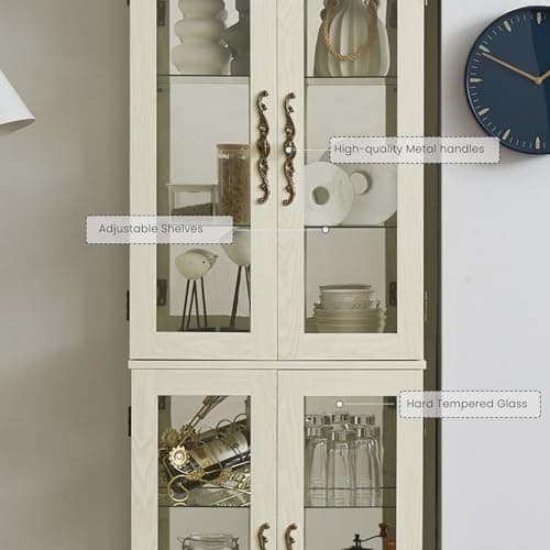 Lighted Curio Cabinet 71" Vintage Glass Display Case with Adjustable Shelves, 4 Tempered Glass Doors, Bulb Included, Wooden Wine Bar China Cabinet for Living Room Liquor Storage (Antique White) 7
