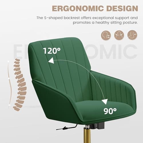 YISHENG Velvet Office Desk Chair with Gold Base, with Wheels,Modern Height Adjustable 360 Degree Swivel Upholstered Vanity Chairs with Arms for Living Room Bedroom,Green 6