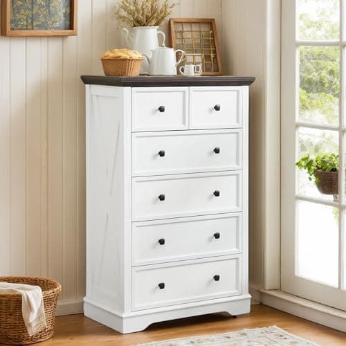 CKEASEAN 6 Drawer Dresser, 48 inch Tall Farmhouse Dresser Nightstand Chest of Drawer, Wooden Storage Cabinet Storage Chest of Drawers for Living Room, Hallway, Entryway (White, 47" H)