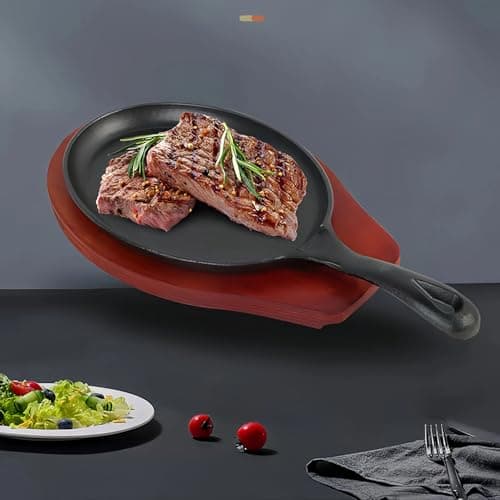 XZHOUSE Fajita Skillet Set Cast Iron Skillet Set 7.1in*9.84in with Pan Handle Sleeve and Anti-Scald Base-Sizzling Skillet, Steak Plate for Kitchen Cooking BBQ Party, 18*25cm, Black, XY20009 6