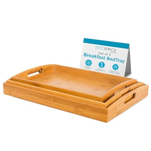 BirdRock Home 3 pc Breakfast Bed Tray (Rounded) - Bamboo - Cut Out Handles - Set of 3 - Bamboo - Nesting