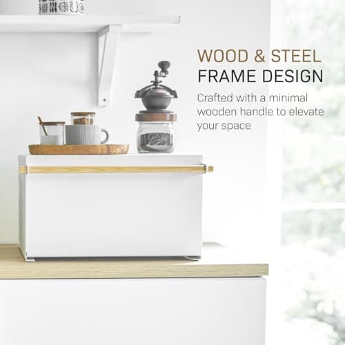 YAMAZAKI Home Modern Bread Box – Steel + Wood Countertop Bread Storage Container, Large White Bread Box for Kitchen Countertop, Space-Saving Bread Keeper, Easy Access Lid 7