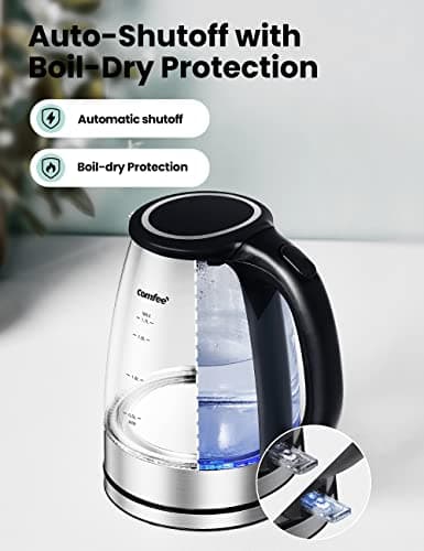 COMFEE' Glass Electric Tea Kettle & Hot Water Kettle Electric, 1.7L Electric Kettle with LED Indicator, 1500W Fast Boil, Auto Shut-Off and Boil-Dry Protection 5