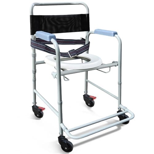 Aliseniors 3-in-1 Rolling Shower Chair with Wheels, Bedside Commode Transport Wheelchair, Waterproof Inside Bathroom & Toilet Chair for Handicap, Elderly, Injured or Disabled, 250 lbs