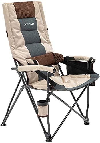 XGEAR Adjustable Oversized Camping Chair High Back Camp Chair Hard Arm Chair with Cup Holder, Support to 400lbs-Beige (Beige)