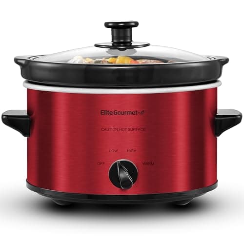 Elite Gourmet MST-275XR Electric Oval Slow Cooker, Adjustable Temp, Entrees, Sauces, Stews & Dips, Dishwasher Safe Glass Lid & Crock (2 Quart, Metallic Red)