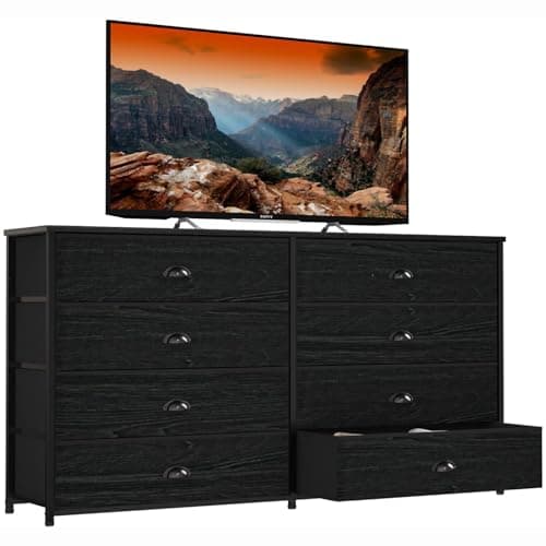 Furnulem Wide Dresser with 8 Fabric Drawers, TV Entertainment Center with Storage for 55'' TV, Large Chest of Drawers for Bedroom, Living Room, Dorm, Closet, Entryway, Wood Top (Black Oak)