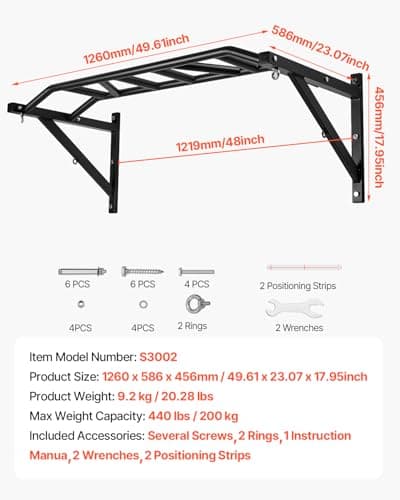 VEVOR Pull Up Bar, Multi-Grip Wall Mounted Pull Ups, 50 in Width Multifunctional Chin Up Training Station, Heavy Duty Steel Upper Body Workout Bars with Hangers, 440 lbs Weight Capacity, for Home Gym 7