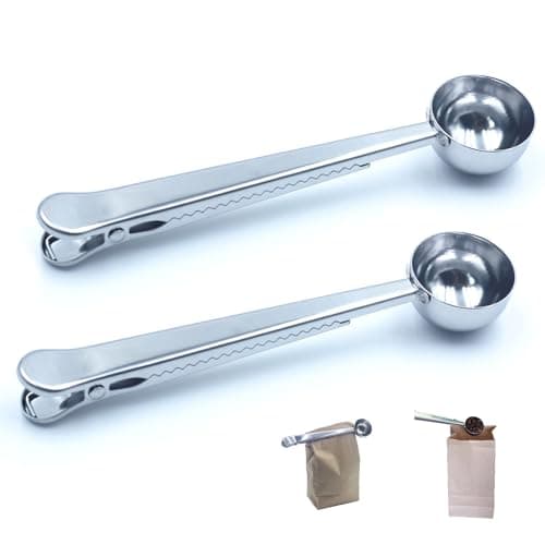 Stainless Steel Coffee Scoop with Clip – 2-in-1 Coffee Measuring Spoon (1 Tbsp) for Ground Coffee, Tea, Protein – Rustproof, Dishwasher Safe, Bag Sealer for Freshness(2 PCS）
