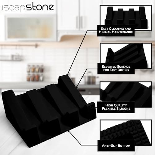 iSoapStone Silicone Soap Dish (USA Patented) Self Draining Bar Soap Holder for Shower Bathroom Sink, Drying Soap Dish Tray Sponge Holder Easy Cleaning Soap Saver Travel Accessories (Black, 1) 5