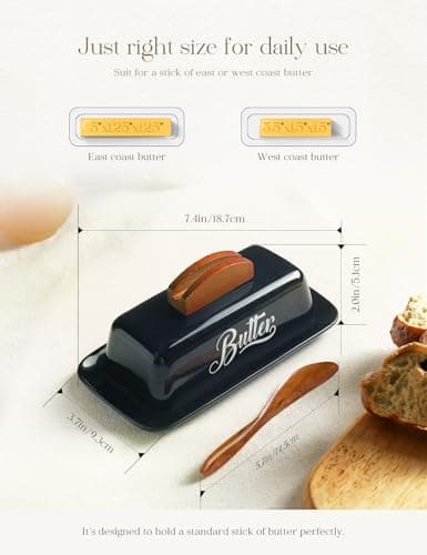 Black Butter Dish with Lid and Knife，Black Butter Tray，Ceramic Butter Holder for Counter Humanized Clamp-able Knife Handle Design Perfect for East West Coast Butter 5