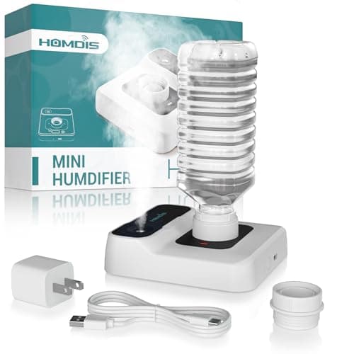 HOMDIS Travel Humidifier, Portable Small Humidifier for Plants, Bedroom, Office, Hotel or Car, 5000mAh Battery Operated Mini Cool Mist Humidifiers, Quiet 23dB, Auto-off, Night Light & BPA-Free, White