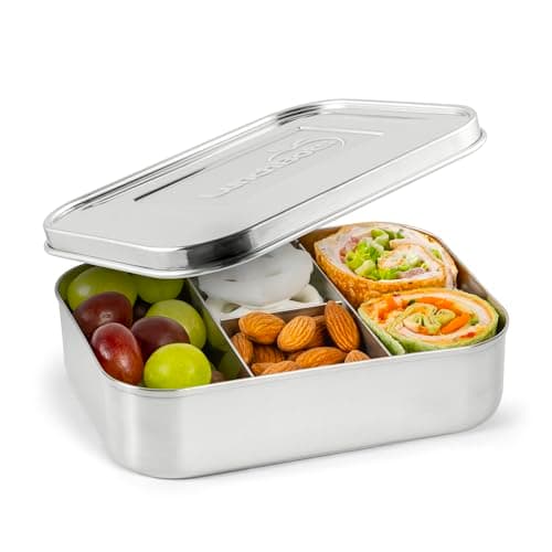 LunchBots Small Protein Packer Bento Box - Extra Small Divided Stainless Steel Snack Container - 4 Sections for 1-2oz of Nuts, Meat, Cheese, Finger Foods - Dishwasher Safe - Stainless Lid