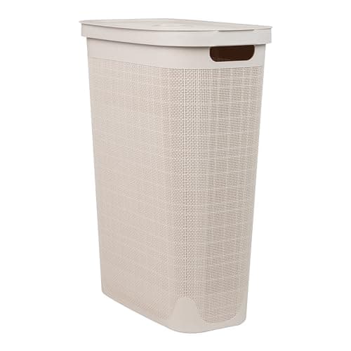 Mind Reader Slim Laundry Hamper with Lid, 40L Clothes Basket, Linen Design, Plastic, Ivory 7