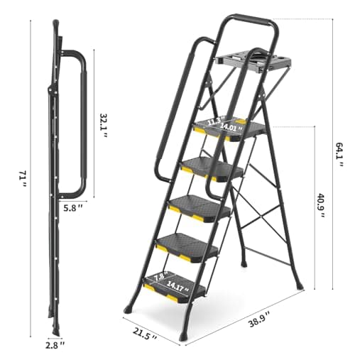 KINGRACK 5 Step Ladder, Sturdy Steel Step Stool with Anti-Slip Wide Pedals, Handrail, Safe-Lock Design, 800lbs Folding Portable Ladder for Multi-Purpose, Home, Kitchen 9