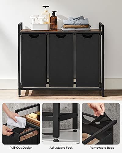 VASAGLE Laundry Hamper, Laundry Basket, Laundry Sorter with 3 Pull-Out and Removable Bags, Shelf, Metal Frame, 3 x 10.6 Gallons (40 L), 36.4 x 13 x 28.4 Inches, Ink Black and Rustic Brown UBLH301B01 5