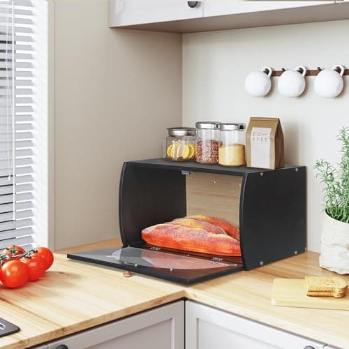 HOMEKOKO Retro Large Wood Bread Box for Kitchen Counter, Vintage Design Single Layer Bamboo Large Capacity Food Storage Bin (Black) 6
