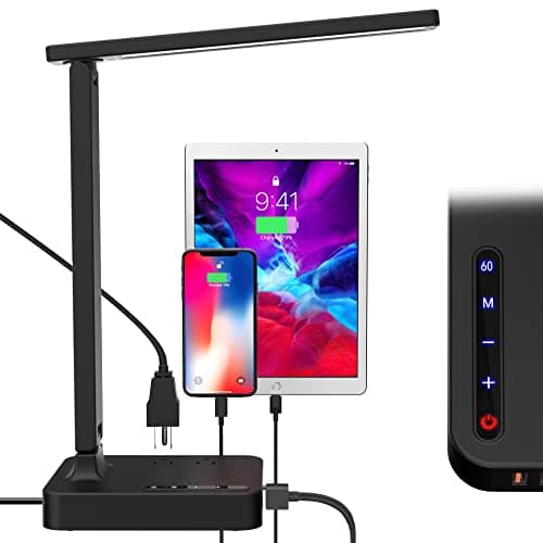 cozoo Desk Lamps for Home Office,Modern LED Desk Lamp for Dorm with 2 USB Charging Ports/Type C Port,2 AC Outlets,3 Lighting Mode,3 Level Brightness,Touch Control/Timer/Eye-Caring Foldable Table Lamp 10