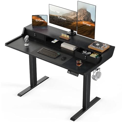 ErGear Electric Standing Desk with Drawers, 48″ x 24″ Gaming Table Compatible Monitor Stand, Stand up Desks, Home Office Height-Adjustable Desk with Storage Shelf, 4 Preset Heights, Black