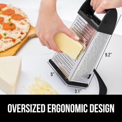 GORILLA GRIP 4-Sided Stainless Steel Cheese Grater With Container, 100% BPA-Free Box Grater, Slip Resistant Base and Handle, Grate Parmesan, Hard Cheeses, Shred Vegetables, Dishwasher Safe, Black 5