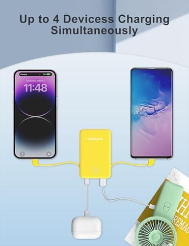 miisso 6000mah Ultra Slim Built in Cables Power Bank, Card Size Built in USB C Cords Battery Pack Portable Charger for Phones, 3 Output External Battery Pack Compatible with iPhone, Yellow 5
