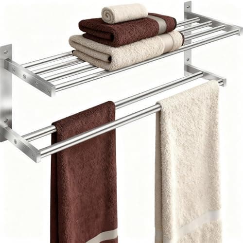 Towel Racks for Bathroom 24 inch, 2 Tier Bathroom Shelf with Double Towel Bar, Stainless Steel Wall Mounted Towel Rack with Shelf for Bathroom Towels Storage, Brushed Nickel
