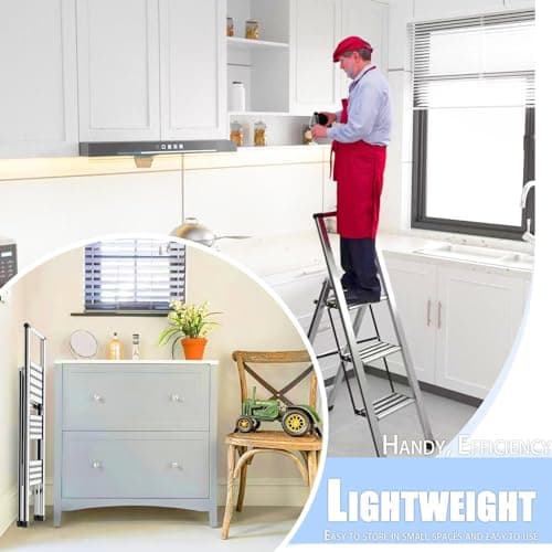 Step Ladder 3 Step Folding Aluminum Small Step Stool with Handle for Kitchen Closet, 4Ft Foldable Steping Stool for Adults Seniors, Wide Anti Slip Pedal, 300lbs Lightweight Portable Ladders for Home 5