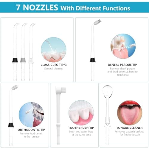 TUREWELL Water Dental Flosser for Teeth/Braces, Water Teeth Cleaner 8 Jet Tips and 10 Pressure Levels, 600ML Large Water Tank Oral Irrigator for Family(Black) 8