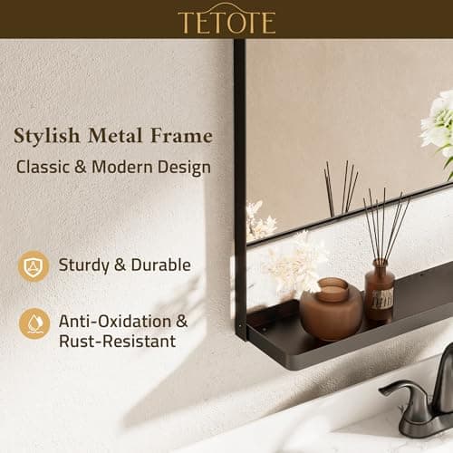 TETOTE Black Metal Framed Vanity Mirror with Shelf for Wall, 18x28 Inch Rounded Rectangle Mirror for Wall, Matte Black Bathroom Vanity Mirror, Bathroom Mirror for Farmhouse, Living Room, Bedroom 6