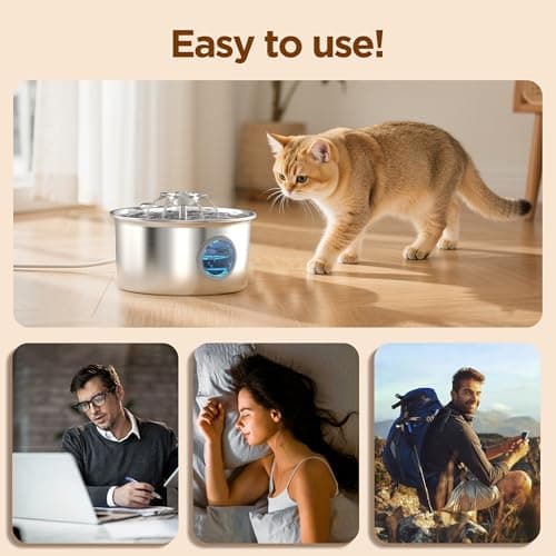 Stainless Steel Cat Water Fountain: 88oz/2.6L Ultra Quiet Pet Fountain with Flower Kitty Spout & LED Blue Light Water Dispenser with Water Level Window for Cats/Dogs Indoor (Silver) - IHOUONE 7