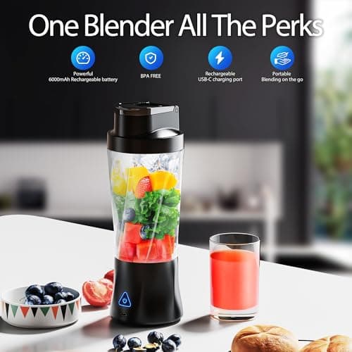 Portable Blender, Cordless, 24oz. Vessel, Personal Blender-for Shakes & Smoothies, BPA Free, Leakproof-Lid & Sip Spout, USB-C Rechargeable & Self Cleaning - Travel with 6 Sharp Blade, Black 2