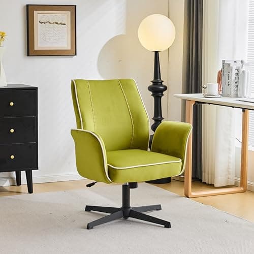 VINGLI Bloom Chair,Comfy Home Office Desk Chair No Wheels,Padded Armrests,Aesthetic Vanity Accent Chair with Back,360° Swivel Rolling for Task,Nail Tech,Dinning,Sewing,Study,Bedroom,Velvet,Olive Green