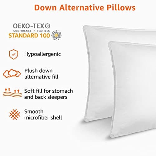 Amazon Basics Down Alternative Pillow for Back Side Sleepers, Medium Density, Standard Size, 26" x 20", 2-Pack, White 9