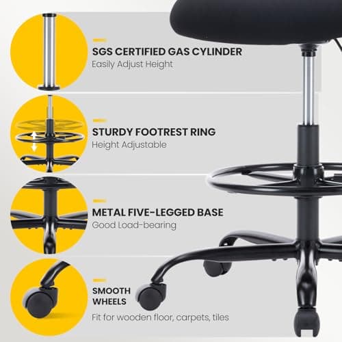 Sweetcrispy Home Office Drafting Chair - Ergonomic High Stool Computer with Adjustable Height and Comfy Lumbar Support, Tall Rolling Task for Standing Desk with Fixed Arm and Footrest, Black 6