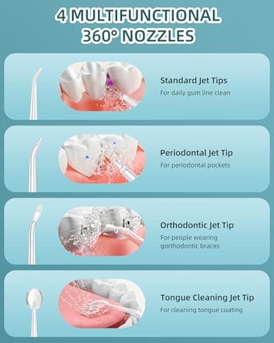 Water Flosser, Water Dental Flosser Pick for Teeth, 300ML IPX7 Waterproof Oral Irrigator, 3 Modes 4 Replaceable Jet Tips, Professional Flossing Cleaning Picks for Home Travel Gums (White) 5