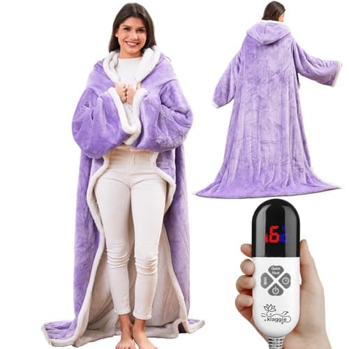 Klaggie Wearable Heated Blanket with Foot Pocket Sleeves, Heated Robe Heated Snuggie, 6 Heating Levels 4 Hours Auto-Off, Overheat Protection Machine Washable, 50”x70”, Purple