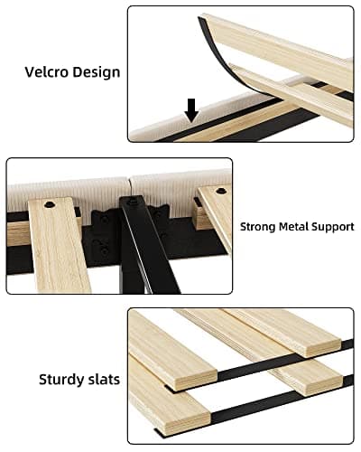 Homhougo Full Bed Frame with Headboad and Wingback, Velvet Upholstered Platform Bed with 2 Storage Pockets, Sturdy Wood Slat Support, No Box Spring Needed, Easy Assembly, Beige 5