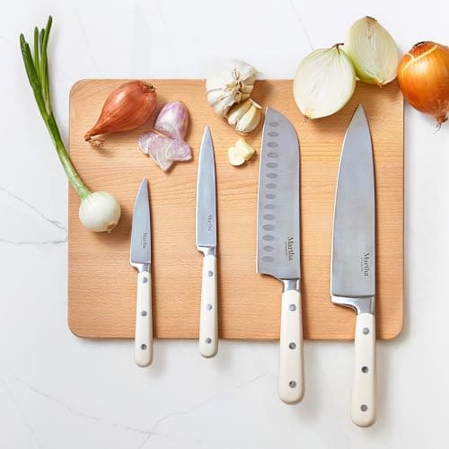 MARTHA STEWART Eastwalk 14 Piece High Carbon Stainless Steel Cutlery Kitchen Knife Block Set w/ABS Triple Riveted Forged Handle Acacia Wood Block - Linen White 7