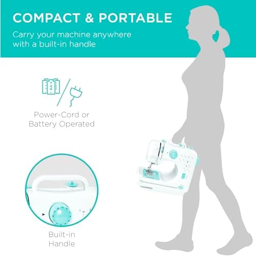 Best Choice Products Compact Sewing Machine, 42-Piece Beginners Kit, Multifunctional Portable 6V Beginner Sewing Machine w/ 12 Stitch Patterns, Light, Foot Pedal, Storage Drawer - Teal/White 5