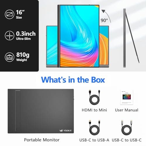 Veout 16" 1920 * 1200P IPS Portable Monitor, USB-C/HDMI FreeSync, 0.3" Ultra-Slim with Kickstand, 4 Colors for Travel & Office 9
