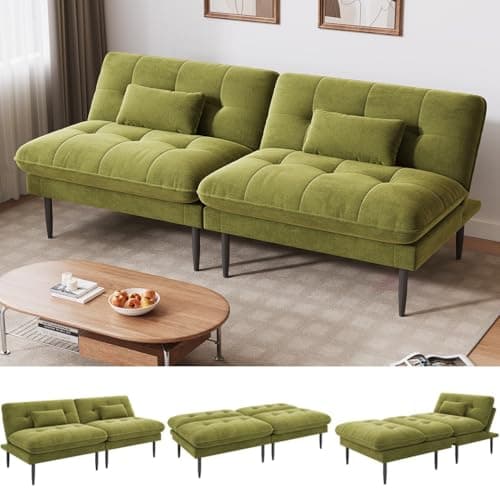 NEDYO 70 inch Convertible Futon Sofa Bed, Velvet Sleeper Sofa with Adjustable Backrest, Thick Fill and Convertible Modules, 4 in 1 Loveseat Couch for Living Room, Olive Green