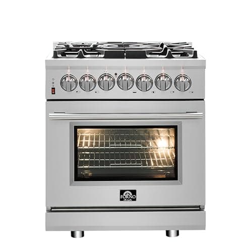 Forno Massimo 30″ Freestanding Dual Fuel Range with 5 Sealed Burners 68,000BTU, Wok Support & Griddle, 4.32 cu.ft. Oven - Modern Design Fuel Range with Pro-Style Handle and Zinc Coated Metal Knobs