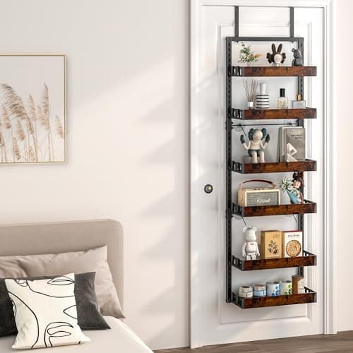 bukfen Over the Door Pantry Organizer, 6-Tier Adjustable Wooden Basket Kitchen Pantry Door Organization and Storage, Heavy-Duty Metal Hanging Kitchen Spice Rack,D6.3 x W17.71 x H50.60 inch,1 Pack 7