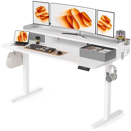 WALKINGDESK 55x24 Inches Electric Standing Desk with 2 Drawers, Height Adjustable Stand up Desk for Home Office, Ergonomic Sit to Stand Table with Storage Shelf, DIY Board, Hooks, White