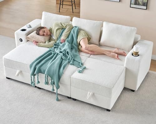 VanAcc 114 Inch Sectional Sofa, 6 Seats Modular With Storage, Oversized U Shaped With 2 Charging Sockets & Cup Holders, Ottomans, 6 Pieces Set Boucle Beige 5