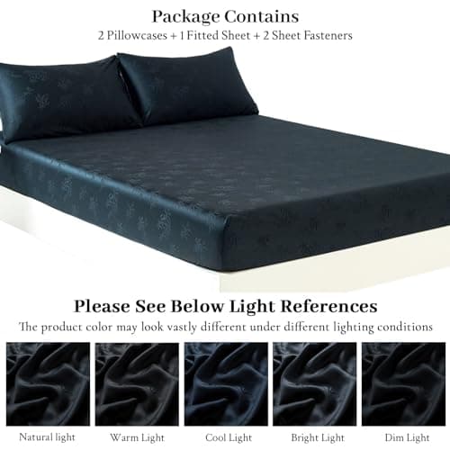 YIYEA 100% Viscose Derived from Bamboo Fitted Sheet with Pillow Cases for Hot Sleepers, 400TC Jacquard Cooling Fitted Bottom Sheet, 16" Deep Pocket, Silky Soft and Breathable, King, Black 8