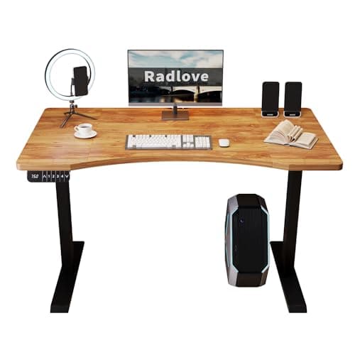 Radlove Dual Motors Height Adjustable 55 x 30'' Electric Standing Desk with Curved Design Stand Up Table 4 Memory Keys, Computer Desk with Splice Board Home Office Desk, Light Brown Top + Black Frame