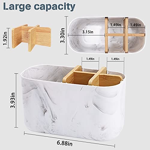 GFWARE Toothbrush Holders for Bathrooms, 5 Slots Bamboo Toothbrush Holder Kids Electric Toothbrush Holder and Toothpaste Holder for Bathroom Countertop Accessories Storage, Marble Toothbrush Organizer 5